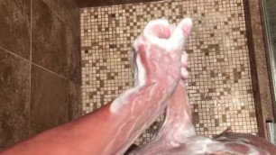 Stoking my Shaved Cock in the Shower