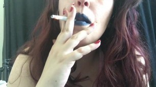 Sexy Chubby Goth Teen Smoking in Navy Blue Lipstick with Slow Exhales