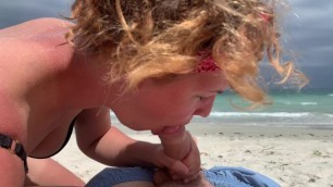 Deep Blowjob on the Beach, Girl in Bikini Sucking Cock, Cum Mouth Outdoors