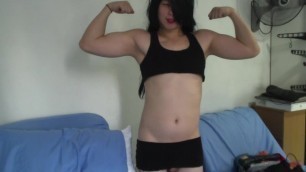 Sexy Asian Crossdresser in Black Navel Shirt Dancing, Flexing and Posing!