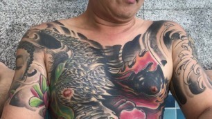 Tattooed Asian Dads Fuck in the Pool. no Cum Shoot.